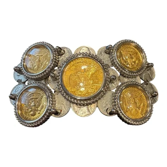 Vintage Coin Belt Buckle – artisan made Gold & Silver Tone Statement Piece J11